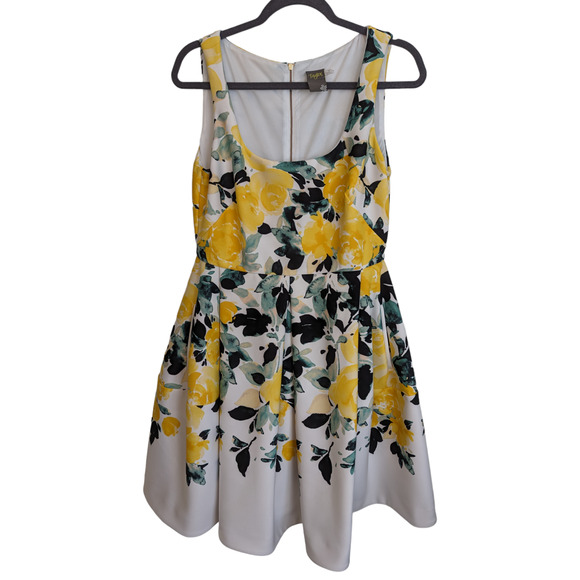 Taylor Women's 10 Floral Dress White Yellow Green Black Fit & Flare Spring - Picture 1 of 13